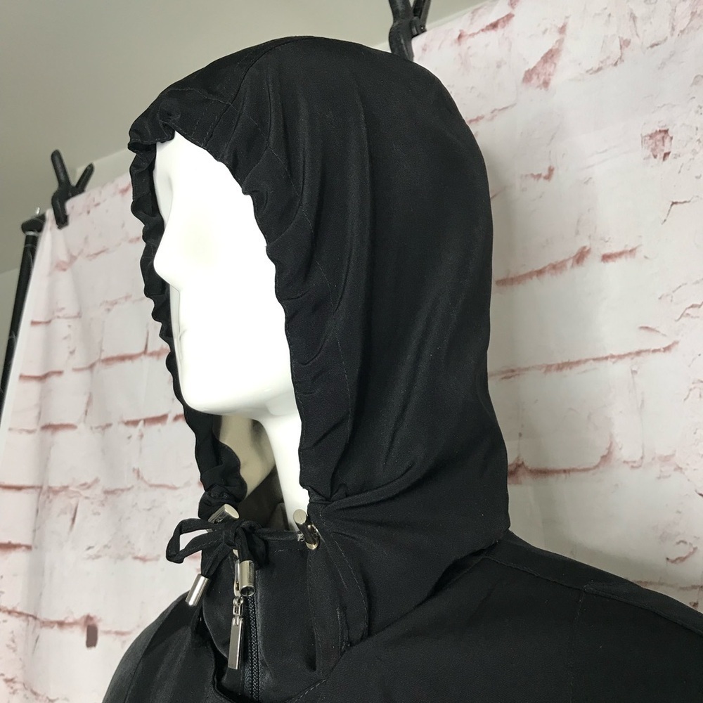 GALLERY Black & Taupe Trench Coat Raincoat detach Hood Size Medium 37” Length - Picture 10 of 16